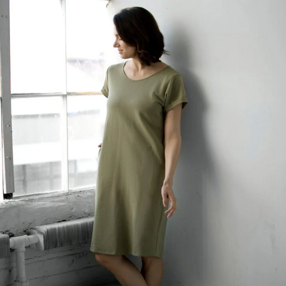 Elegantees Odessa French Terry Shift Dress in Olive Tan